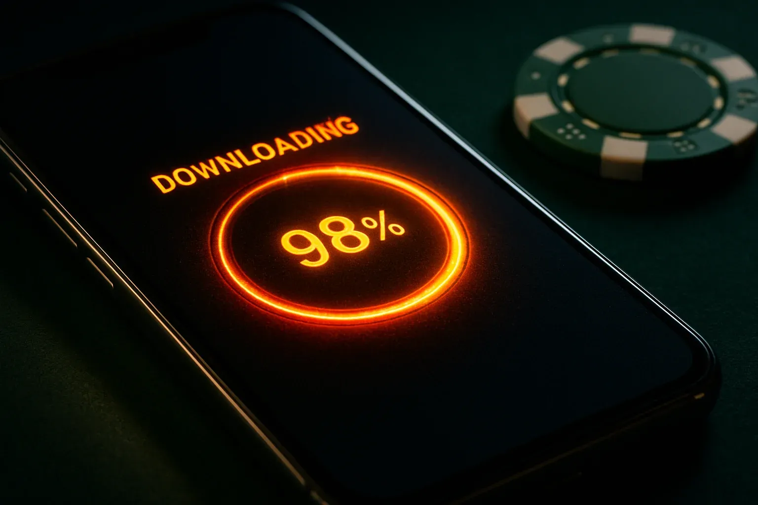 Macro photo of smartphone showing casino app download at 98 percent