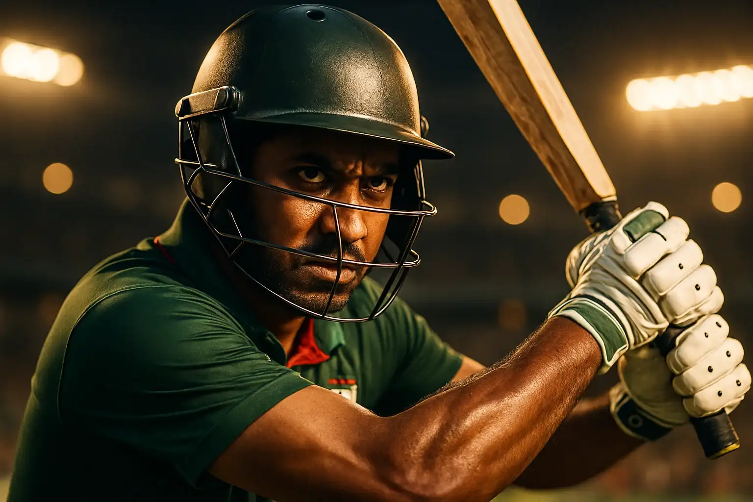 Ultra-realistic close-up of Bangladeshi cricket batsman batting under stadium lights