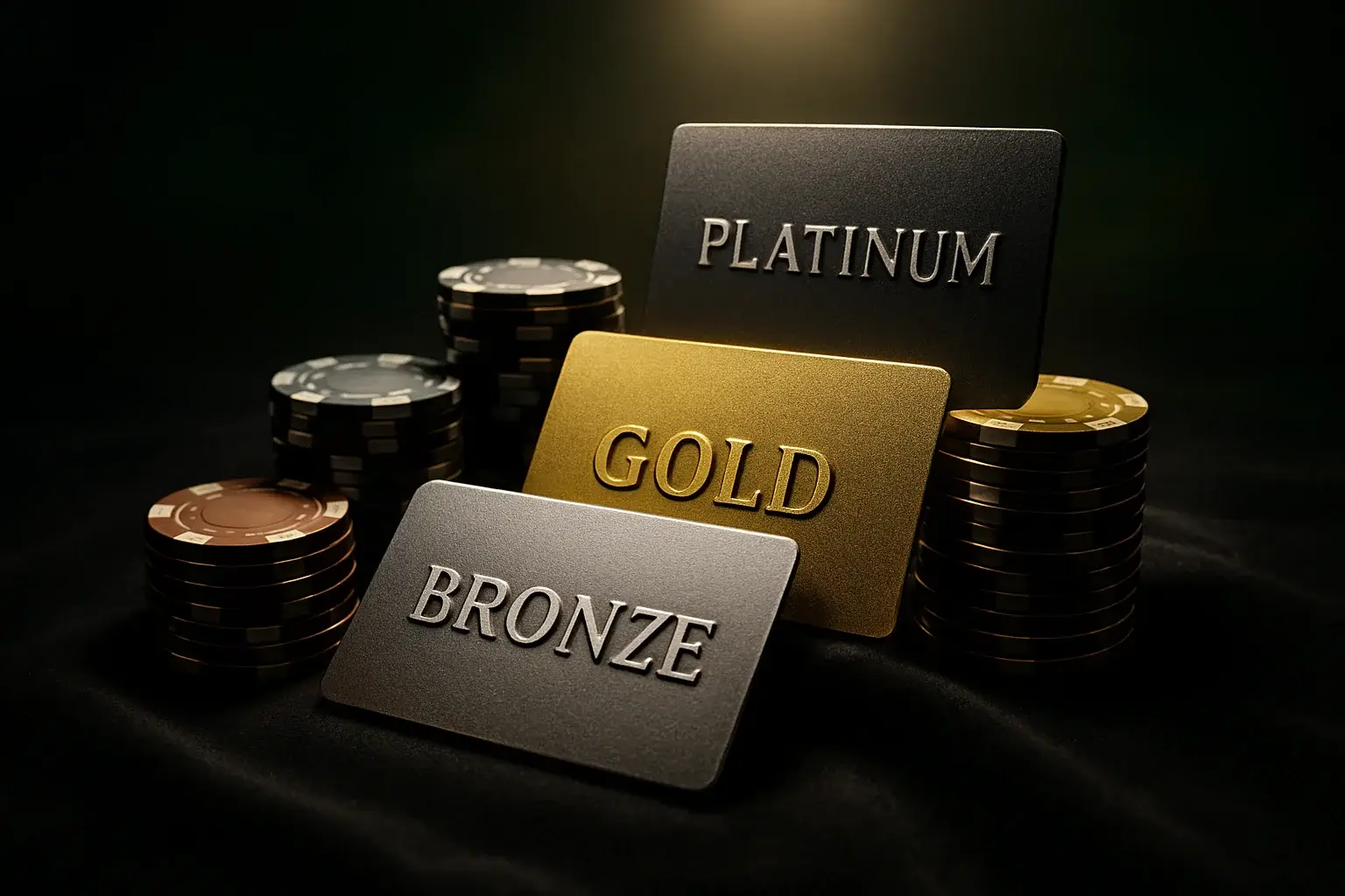 Tiered casino loyalty cards with premium chip stacks on dark velvet