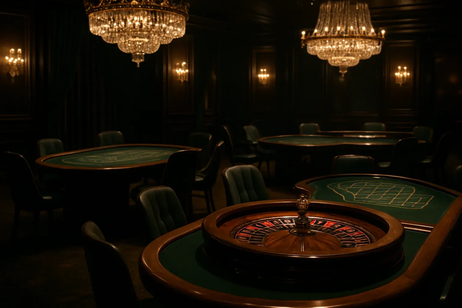 Ultra-realistic luxury live casino studio with roulette, blackjack, baccarat tables
