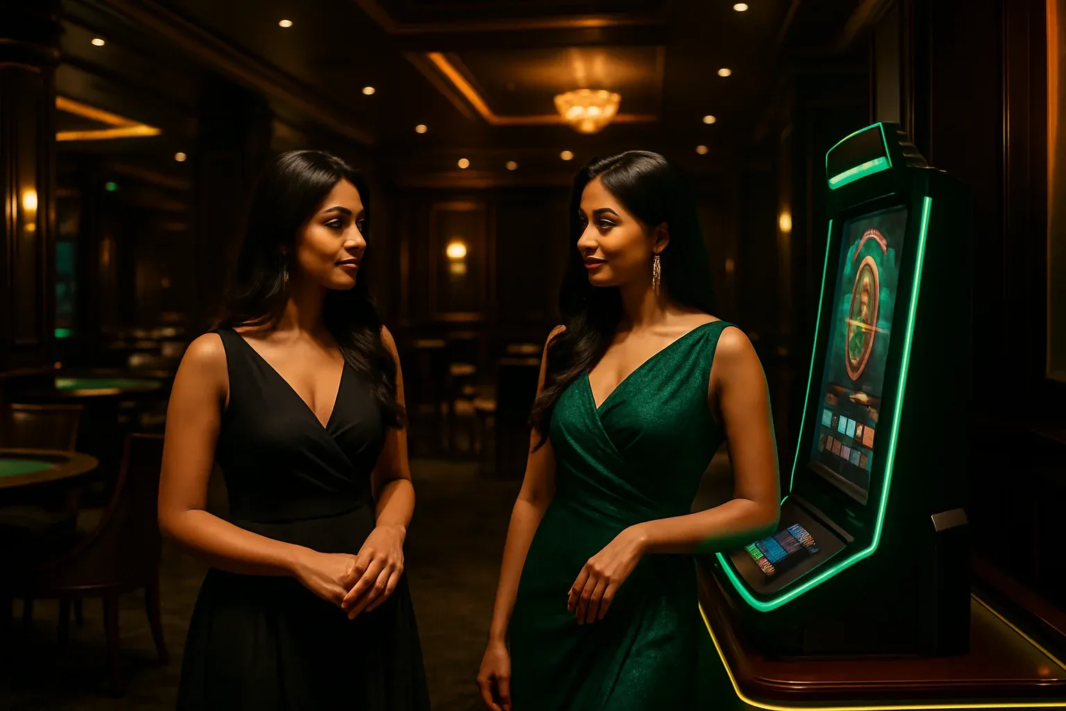 Ultra-realistic dark casino lobby in Dhaka with mahogany and LED accents