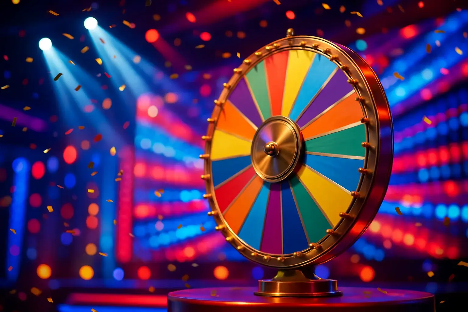 Ultra-realistic live game show studio with colorful spinning money wheel and confetti