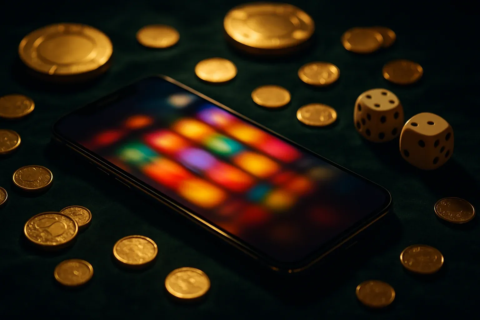 Smartphone with blurred slot game, gold coins, chips, dice on velvet